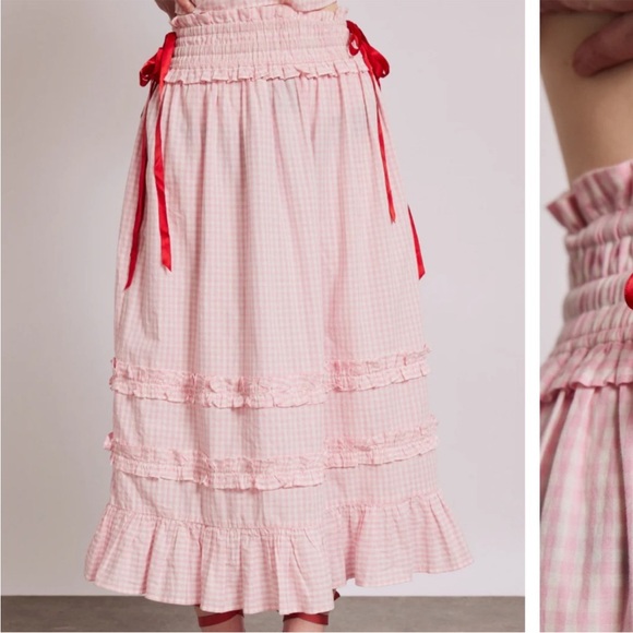 Dresses & Skirts - Damson Madder x Free People Pink Gingham Olivia Ruffle Midi Skirt Size 14, US 10